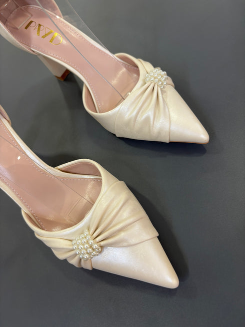 Ladies Elegant Pearl Decor Bow Pointy Toe Heel
